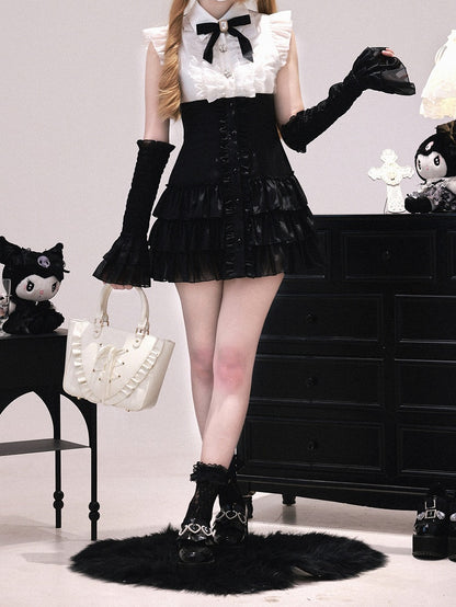 Skirt Tiered Dress: Two-Piece Sleeves White and Black Ruffle Flutter Faux Placket Jirai Kei with