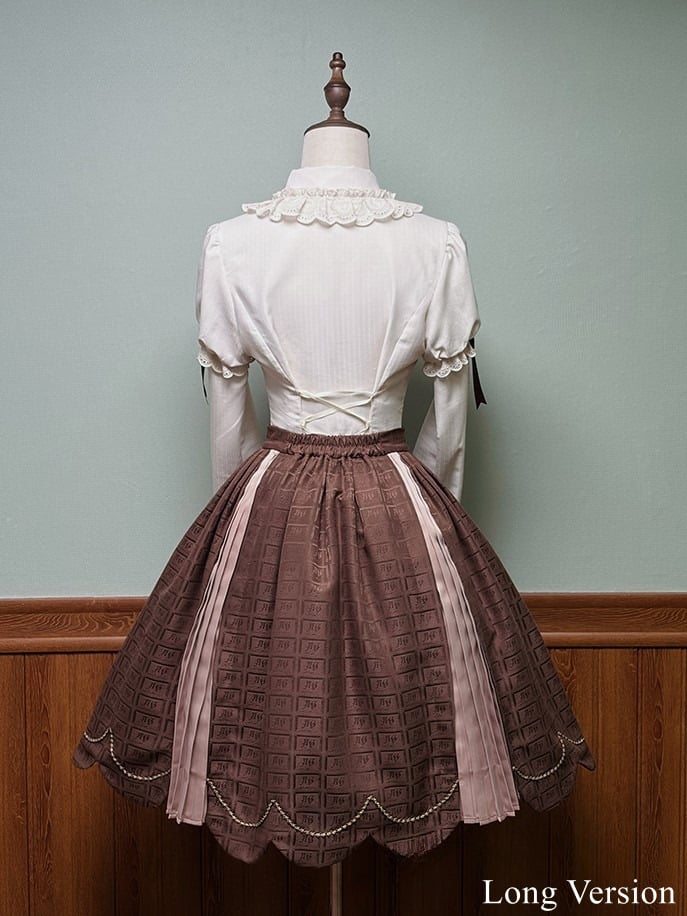 Skirt Sweet Scalloped Chocolate Lolita Brown Pleating Details with Edge Trim