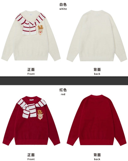 Christmas Wine Red/White Cute Reindeer Applique Scarf Design Soft Sweater