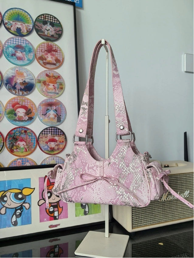 Daily Bowknot with Ita Style Embossing 2 Spicy Bag Ways Pink Snakeskin Girl