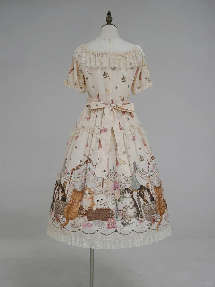 Beige Cat Print Round Neck Sweet Lolita Dress with Lace Trim - NyaNya