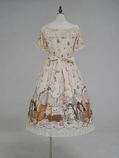 Beige Cat Print Round Neck Sweet Lolita Dress with Lace Trim - NyaNya