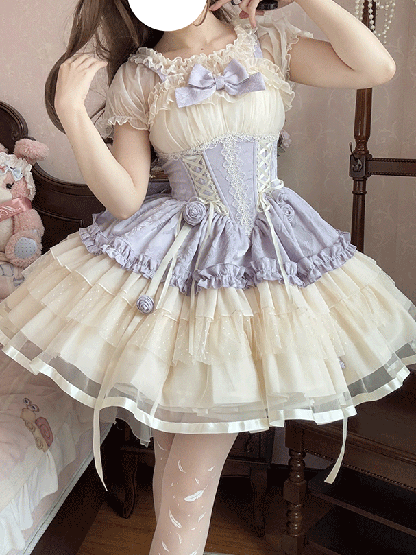 Zug Beige und Lila Großes Korsett Sweet Lolita Balletcore Kleid Taille Schnürung mit Schleife JSK