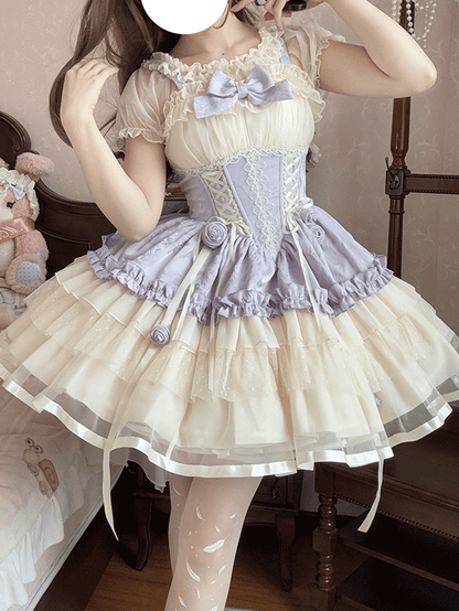 Zug Beige und Lila Großes Korsett Sweet Lolita Balletcore Kleid Taille Schnürung mit Schleife JSK
