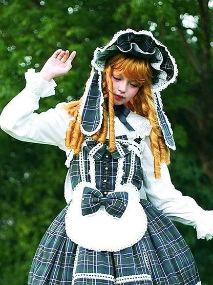 Lolita-Haube und Hasenohren-Schleife, kariert, rot/grün, mit Details