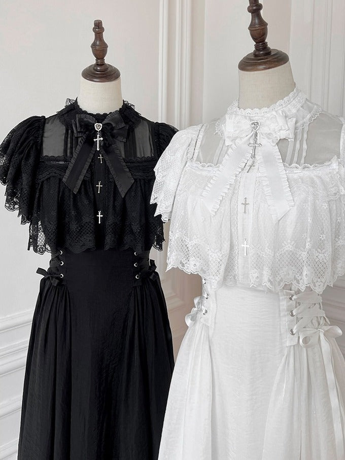 Black/White Lace Cutout Shoulder Jirai Kei Cross Dress - Tan Tuan