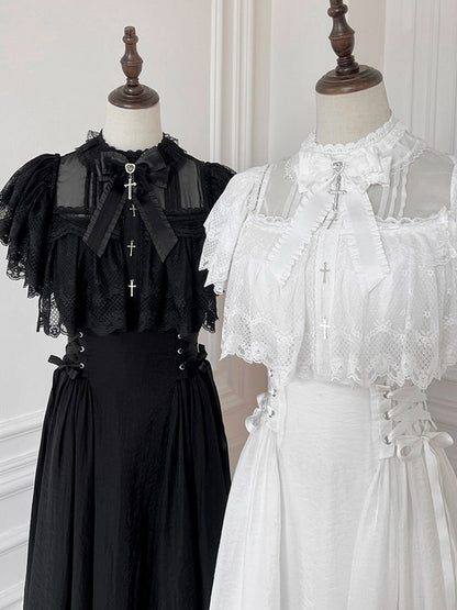 Black/White Lace Cutout Shoulder Jirai Kei Cross Dress - Tan Tuan