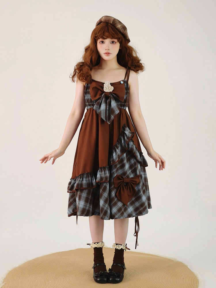 and Dress Asymmetrical Sweet Ruffles Brown Lolita Bow with Accents JSK Blue Plaid
