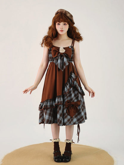 and Dress Asymmetrical Sweet Ruffles Brown Lolita Bow with Accents JSK Blue Plaid