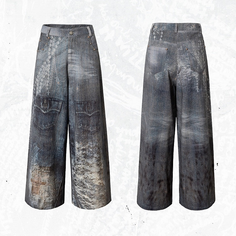 Print Spitzenjeans Schnitt Weites Bein Blau Kette Punk Wasteland Details