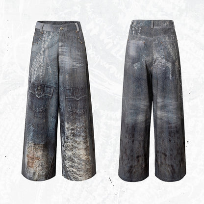 Print Spitzenjeans Schnitt Weites Bein Blau Kette Punk Wasteland Details
