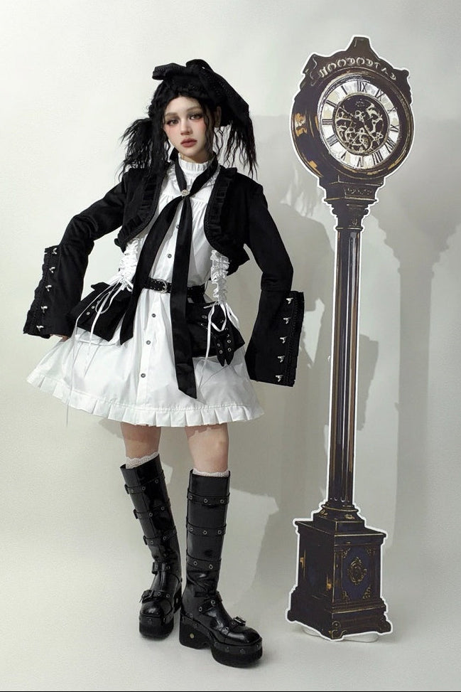 Steampunk Brown x Gothic Black Velvet Ruffle Heart Motif Cuff Cropped Jacket