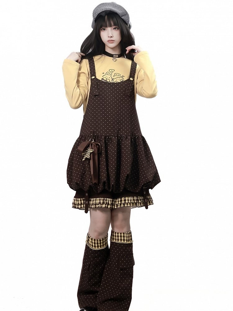 Kawaii Coffee Polka Dot Bubble Overall Skirt with Star Bow Charms - PINK SAVIOR