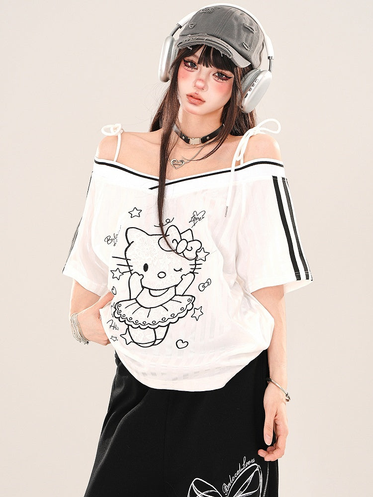 Schwarz/weißes Top mit schulterfreiem Ausschnitt und Kätzchen-Print