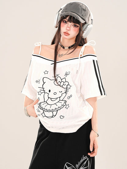 Schwarz/weißes Top mit schulterfreiem Ausschnitt und Kätzchen-Print