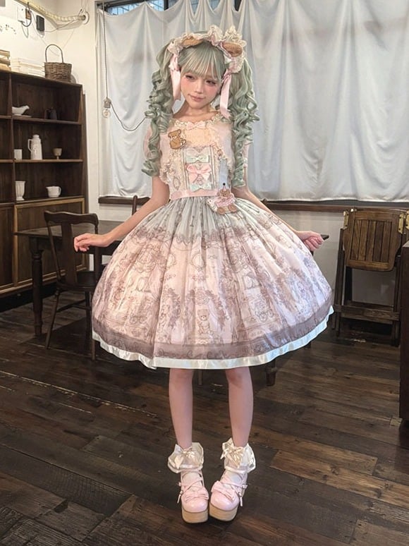 Rose & Mint Short Sleeve OP Gown with Bear Motif - Lunethe
