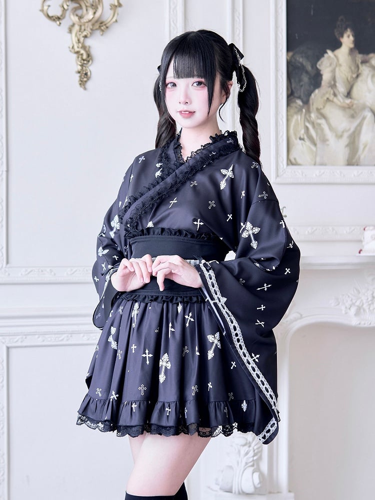 Belt and Back Big Black Hem Black/White with Corset Bow Ruffle