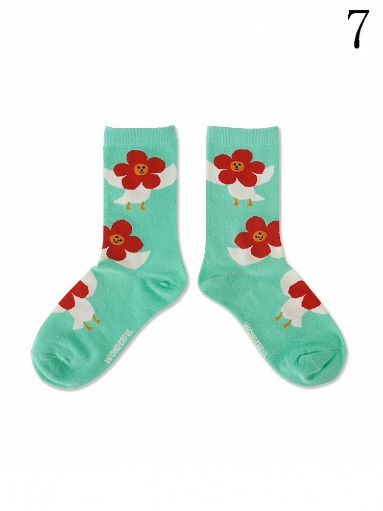 Kitty/Puppy/Bear Pattern Print Colorful Calf Socks Striped 9 Options