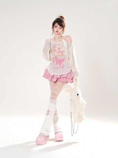 Asymmetrical Neckline Butterfly Print Apricot/Green