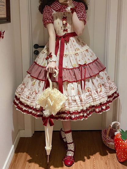 with Sweet Print Red Gingham and Dress Strawberry Ruffle Layers Lolita