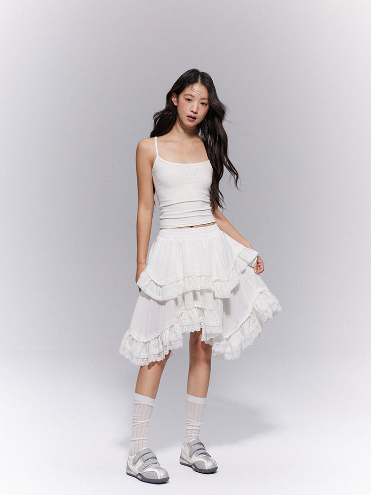 Waist Elastic  with Gothic Trim Lace Skirt Tiered White
