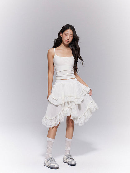 Waist Elastic  with Gothic Trim Lace Skirt Tiered White