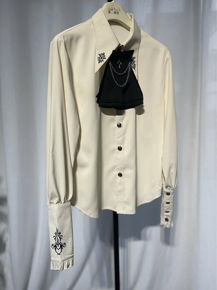 王子ファッション アプリコット刺繍 ポインテッドカラーシャツ