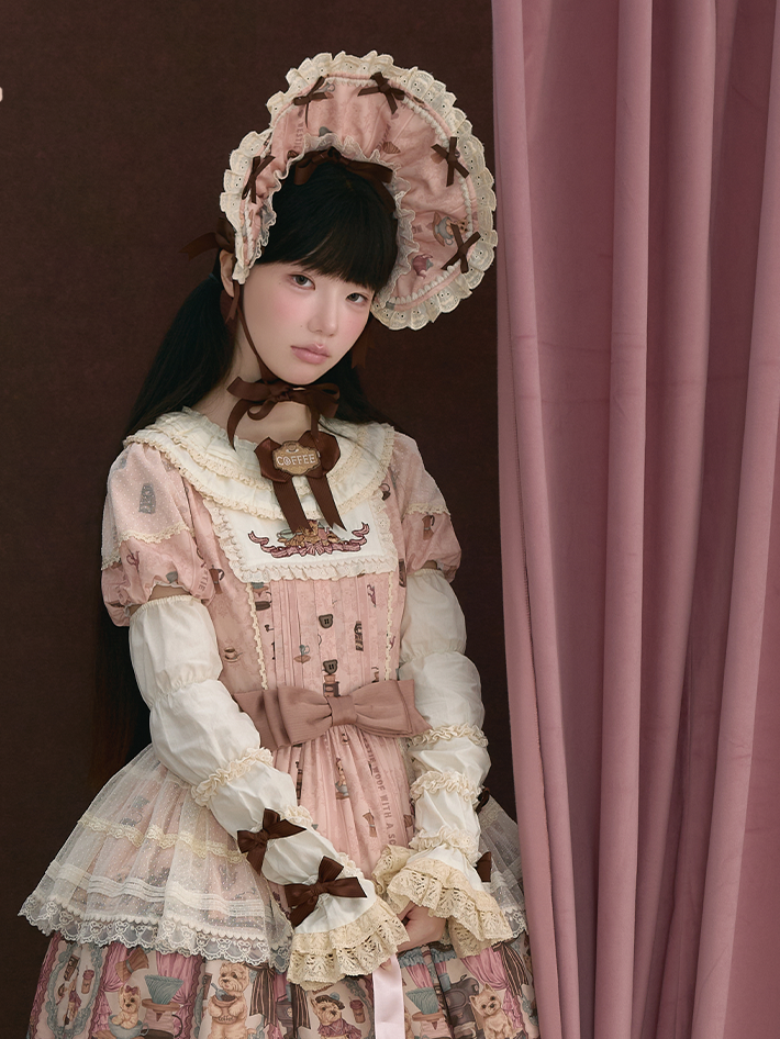 Pink Lolita Puppy & Coffee Print Bonnet with Brown Bows - Stars Fall on the Foggy Island