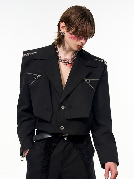 Two-piece Notched with Black Detachable Cape， Details Shoulder Unisex Zip Short Collar Jacket