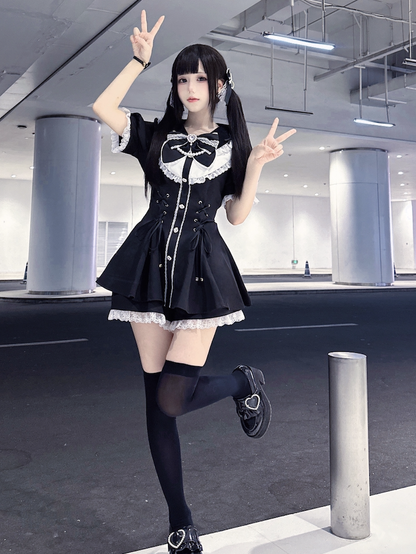 ジライ装飾ケイセット ホワイトレースアップウエストラインストーンミニドレス+ショーツ ブラックディテール