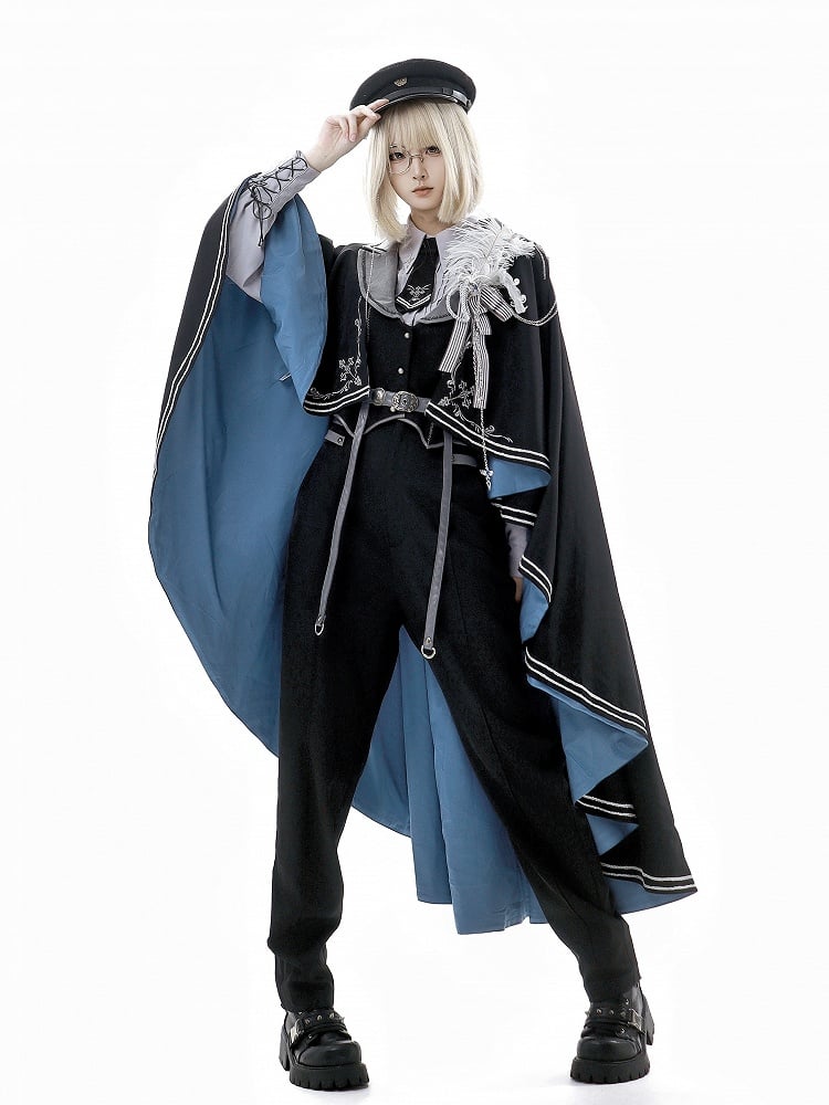 Militärweste, schwarze Hose, Ärmel, Hemd, grau + Lolita-Prinz-Outfit, lang, modisch, Ouji, Taille hoch und