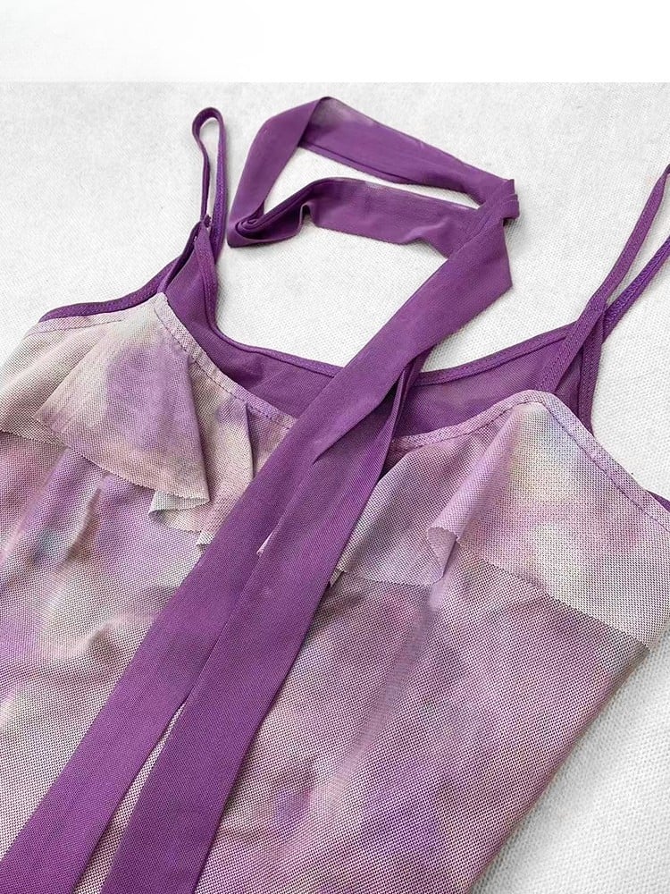 Lila Saum Asymmetrische Rüschen Top Design Dye + Tie Cami Schal Y2K Trim