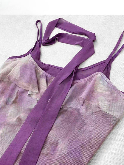 Lila Saum Asymmetrische Rüschen Top Design Dye + Tie Cami Schal Y2K Trim