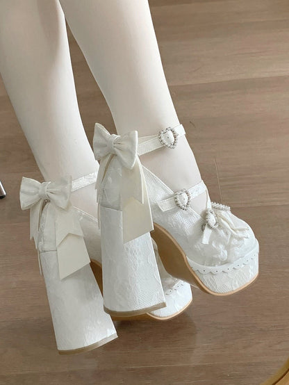 Mary Janes Chunky Bow Sophisticated Decor - White Lolita Heel