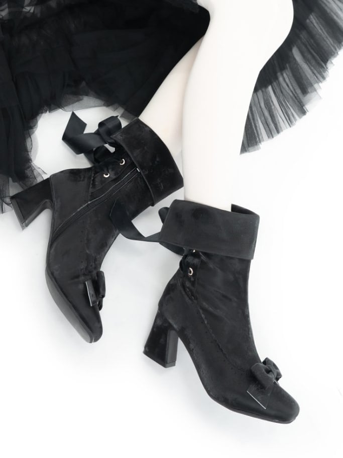 Rear High - Scalloped Foldable Lacing Cuff Elegant Black Block with Ankle Lolita Boots Heel Edging