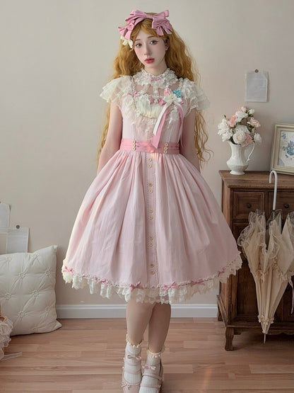 Elegant Bow and Details Version Classic with Lace Dress Short Pink Lolita