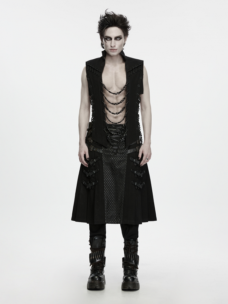 Abyss Chain Stand-Collar Black Men's Punk Vest - Punk Rave