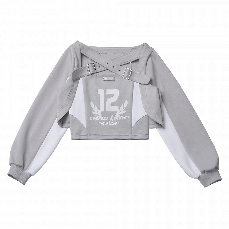 Graues Camisole-Set mit weißem Design und Colorblock-Grafik-Oberteil mit überkreuzten Schnallenträgern