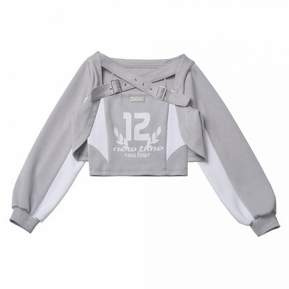 Graues Camisole-Set mit weißem Design und Colorblock-Grafik-Oberteil mit überkreuzten Schnallenträgern