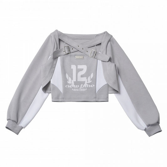 グレーキャミソール、ホワイトデザインセット、カラーブロックグラフィックトップ、クロスバックルストラップカーディガン