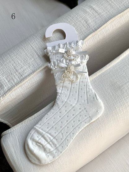 Decorated Lace Beaded White Bowknot Trim Socks