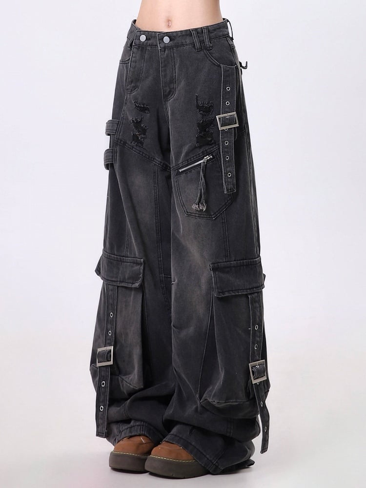 Washed Black Distressed Cargo Jeans with Metal Buckle - Rayohopp