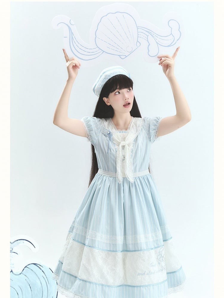 Blue Striped Lace OP with Bow Tie - Liz Bird