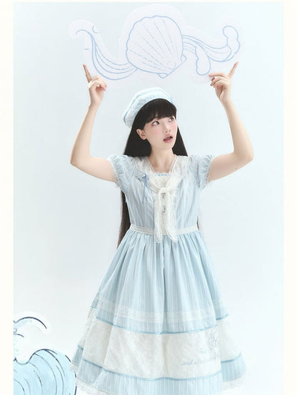 Blue Striped Lace OP with Bow Tie - Liz Bird