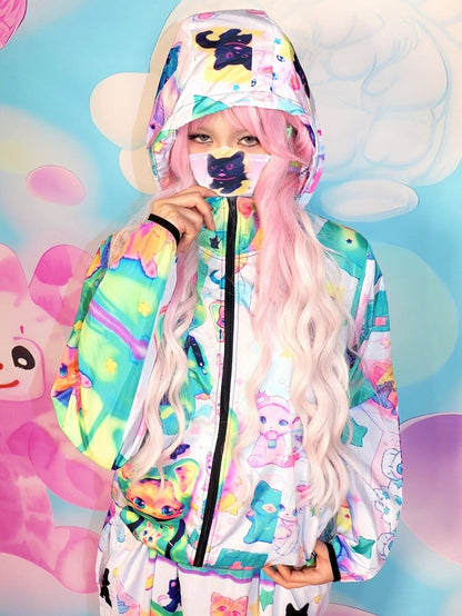 Y2K Hoodie Green Jacket Print Sun Cat Protection