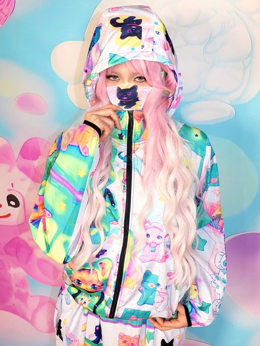 Y2K Hoodie Green Jacket Print Sun Cat Protection