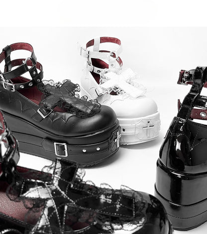 Polished Black Gothic Lolita Lace Trim Cross Platform Shoes