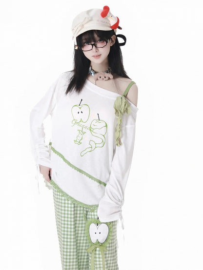 Green Apple Print Drawstring Cuffs White Asymmetrical Neckline Coverup