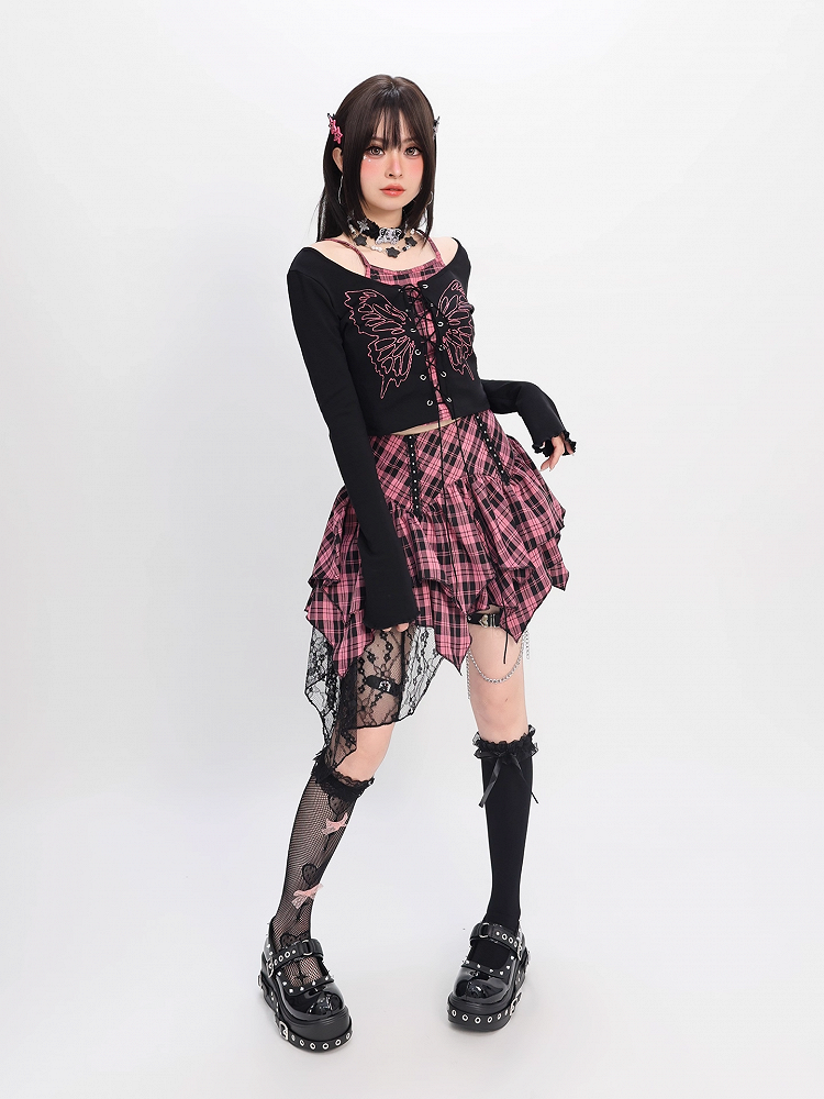 Top Faux Y2K Schnürung vorne Schmetterlingsdruck Schwarz Pink Plaid Zweiteiler und