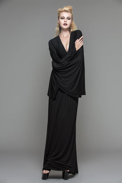 Black Frog Button Bat Sleeve Deep V-Neck Gothic Dress for Women